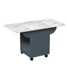 a white marble topped table with wheels on the bottom and an open drawer underneath it