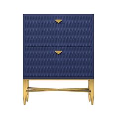 a blue and gold nightstand with two drawers on one side, the other is made out of