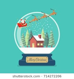 santa's sleigh flying over the house in a snow globe