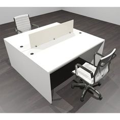 an office desk with two chairs on it