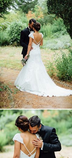 the bride and groom are posing for pictures together