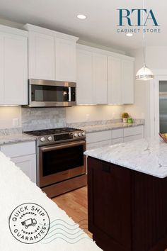 a kitchen with white cabinets and marble counter tops is featured in the rta cabinet store