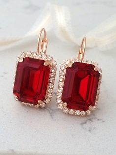 Red earrings,Red ruby dangle earrings,Red Bridal earrings,Red Bridesmaids gift,Swarovski rectangle e Emerald Halo, Bridal Earrings Studs, White Opal Earrings, Red Bridesmaids, Rectangle Earrings, Earring Gift, Ruby Earrings, Ruby Jewelry, Earrings Red