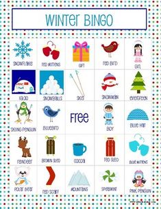 a poster with the words winter bingo written in different languages and pictures on it's side