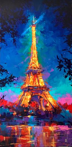 a painting of the eiffel tower lit up at night