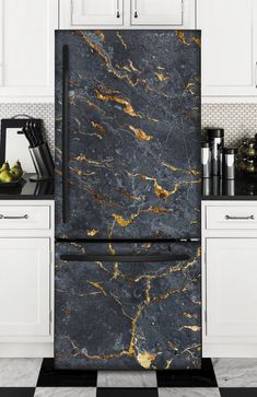 a black and gold marble refrigerator in a kitchen