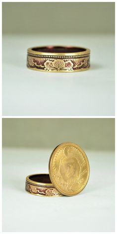 two different views of a gold coin ring