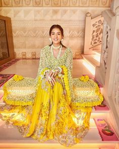 Radiant in yellow! Radhika Merchant shines bright on her Haldi ceremony. 💛 #HaldiCelebration #BridalBeauty #RadhikaMerchant #WeddingKalakarIndia Radhika Merchant Haldi Look, Marigold Border, Flower Dupatta, Haldi Look, Ambani Wedding, Radhika Merchant