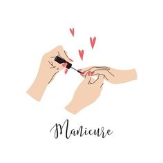 the words manicure are written in black and red ink on a white background with pink hearts