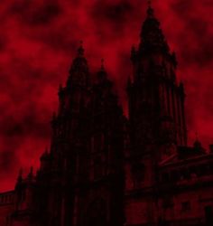 an image of a gothic church with red clouds in the background