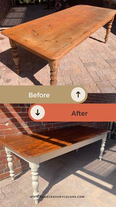 a table before and after being refinished with chalk paint on the top half