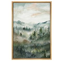 a painting with trees and mountains in the background, on a white wall above a wooden frame