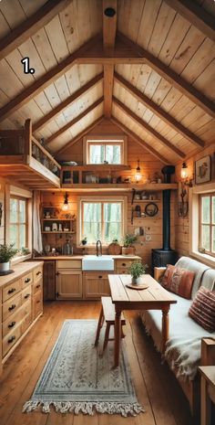 a living room filled with furniture and wooden walls