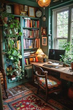 a home office with lots of books and plants on the shelves, along with a desk