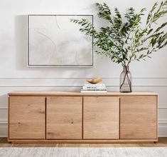 a living room with white walls, wooden furniture and a plant on the sideboard