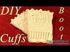 two crocheted white gloves sitting on top of a red blanket with the words, diy boot cuffs