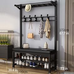 a shoe rack with shoes and hats on it next to a wall mounted coat rack