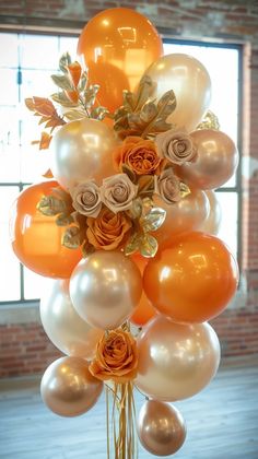 Orange And Gold Party Decorations, Shades Of Orange Party Decor, Orange And White Decor, Orange And Gold Birthday Decorations, Orange Balloon Decorations, Orange Birthday Decor, Orange Decorations Party, Balloon Arrangement Ideas, Orange Birthday Theme