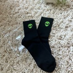 Brand New Super Cute Pair Of Green Alien Socks. Size Medium To Large. #Alien #Outerspace #Weird #Socks #Cutesocks Weird Socks, Alien Socks, Fur Leg Warmers, Green Alien, Vintage Calvin Klein, Over The Knee Socks, Thigh High Socks, Holiday Red, Cute Socks