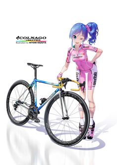 a woman standing next to a bike on a white background with the words accunaro written below it