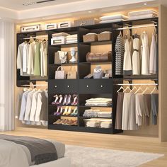 an organized closet with clothes, shoes and other items on shelves next to a bed