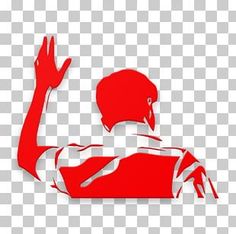 a red and white silhouette of a man with his hand up in the air, against a