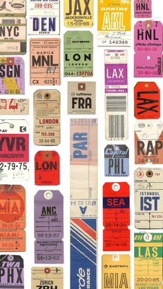 many different colored luggage tags are on display