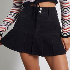 Pacsun High Waisted Corduroy Pleated Mini Skirt Black New With Tags Size 00/23 Black Pleated Mini Denim Skirt, Black Pleated Denim Skirt For Summer, Zebra Print Mini Skirt, Distressed Jean Skirt, Distressed Skirt, Yellow Denim, Mini Skirt Black, Blue Denim Skirt, Jean Mini Skirts