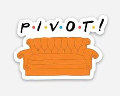 an orange couch with the word pivot on it's back and polka dots