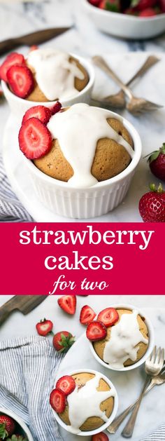 strawberry cakes with icing and strawberries in bowls