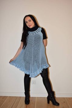 Blue knitted dress tunic mesh with lace flounce bottom and the same knitted lace neckline  The dress is crocheted from cotton yarn, without seams,  A tunic dress of this style is very versatile, it can be worn over a basic dress, on knee-highs, T-shirts with jeans or tight trousers, on a shirt dress. For Goddesses with an ideal figure, it will look great if you wear a combination on the dress.  Tunic dress of this style is suitable for almost any age, any figure and any style of clothing.  The options for wearability are varied.  Size S, M, L  A-silhouette, flared to the bottom  Length 30.3 inches (-77 cm)  Possible options for different colors of yarn, (you can choose the color in the last photo. Delicate machine wash with mild detergent or  shampoo at 86 * Faringate (+ 30 * Celsius.)  Do Blue Knitted Dress, Red Mittens, Blue Knit Dress, Knitted Lace, Cable Knit Hat, Crochet Fingerless Gloves, Lace Gloves, Lace Neckline, Winter Hats For Women