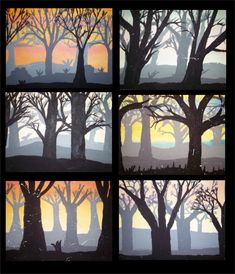 four different pictures of trees with the sun setting in the background and foggy sky