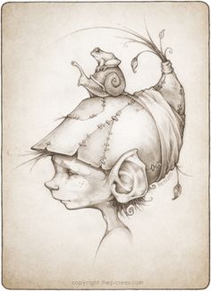 a drawing of a woman's head with a snail on top of her head