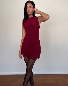 Renata Asymmetrical Mini Dress in Burgundy Mesh Maroon Mini Dress, Mesh Mini Dress, Hip Skirt, Maroon Dress, Open Back Dress, Backless Design, Burgundy Dress, Red Mini Dress, Back Dress