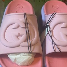 Beautiful Comfortable Gucci Slides Trendy Pink Slip-on Sandals, Pink Gucci Slip-on Sandals, Gucci Pink Open Toe Sandals, Pink Low-top Synthetic Sandals, Pink Synthetic Sandals With Branded Insole, Luxury Pink Sandals With Round Toe, Luxury Pink Round Toe Sandals, Pink Low-top Sandals For Spring, Pink Spring Sandals