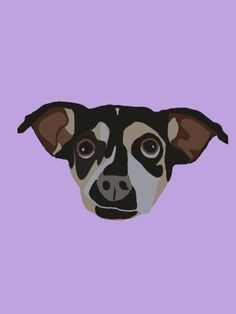 a dog's head is shown in the middle of a purple background with black and white spots