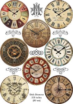 an assortment of clocks with different designs and numbers on the faces, including roman numerals