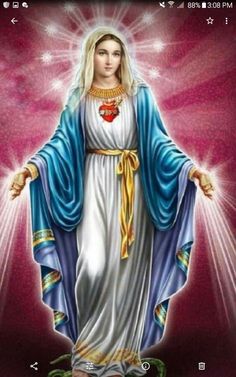 the virgin mary is standing in front of bright lights and shining from behind her, with her arms outstretched