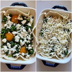 two pictures of food in containers with cheese and spinach on top, one has an egg