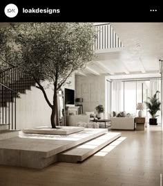 a living room filled with furniture and a tree in the middle of the flooring