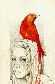 a red bird sitting on top of a woman's head with blood dripping all over it