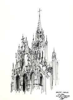 an ink drawing of a cathedral with spires