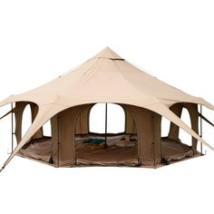 a tent that is set up on top of a white surface with the door open