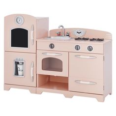 a pink play kitchen with sink, oven and stove in the middle is shown on a white background