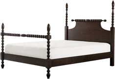 a wooden bed frame with white sheets and wood posts on the headboard, in front of a white background