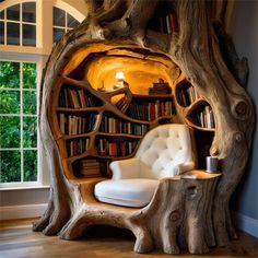 a chair sitting in front of a tree stump with bookshelves on the side