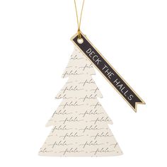 a white christmas tree ornament with black lettering and a ribbon hanging from it