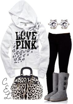 Black Leggings, A White & Black Leopard Print Love Pink Sweatshirt, & Tall Gray Buttoned UGG Boots.♥ This outfit was MADE for ME!! LOVE! ~Jennifer Outfits With Pink Purse, Outfits With Pink, Ugg Boots Cheap, School Jobs, Ugg Boots Outlets, Vocational School, Trade School, School Plan, Cool Winter