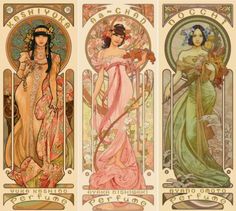 three art nouveau style women with long hair