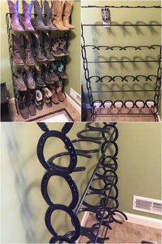 there are several different pictures of shoes on the shelves and in the closet, one is empty